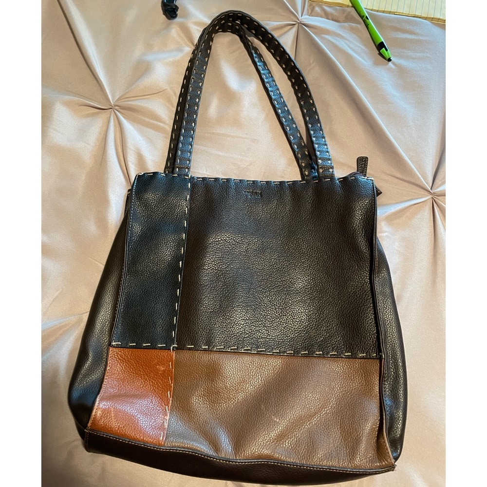 The Sak shoulder bag purse brown chocolate orange patch work top stitch